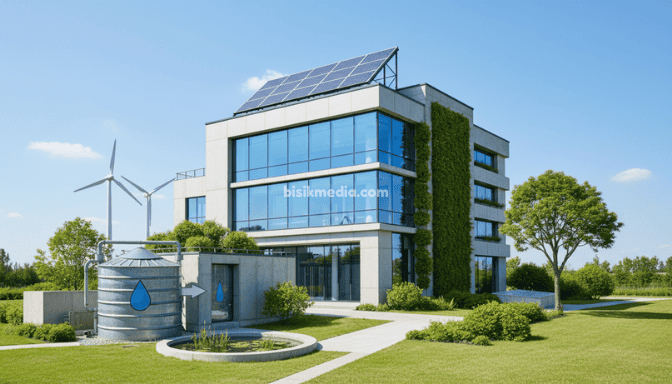 Sketsa konsep arsitektur berkelanjutan modern dengan panel surya, sistem rainwater harvesting, taman vertikal, dan bangunan hemat energi ramah lingkungan