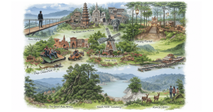 Wisata Bandung terbaru seperti Nimo Highland, Kawah Putih, Ranca Upas, dan Dago Dreampark dalam ilustrasi sketsa destinasi populer di Lembang dan Ciwidey