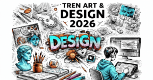 Ilustrasi tren art & design 2026 dengan tipografi eksperimental dan elemen visual modern