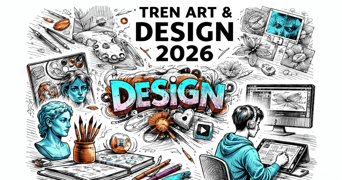 Ilustrasi tren art & design 2026 dengan tipografi eksperimental dan elemen visual modern