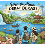 Ilustrasi wisata alam dekat Bekasi dengan air terjun, danau, jembatan, dan pengunjung sedang healing
