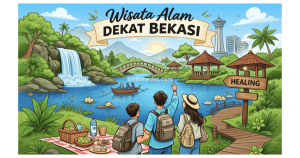 Ilustrasi wisata alam dekat Bekasi dengan air terjun, danau, jembatan, dan pengunjung sedang healing