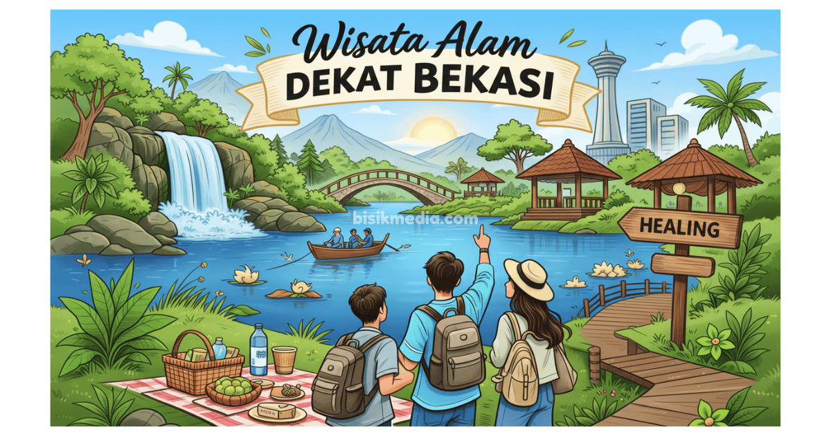 Ilustrasi wisata alam dekat Bekasi dengan air terjun, danau, jembatan, dan pengunjung sedang healing