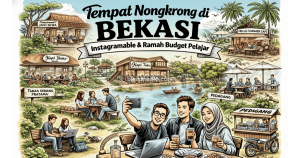 Ilustrasi suasana tempat nongkrong di Bekasi dengan kafe, taman kota, dan anak muda berkumpul menikmati kopi