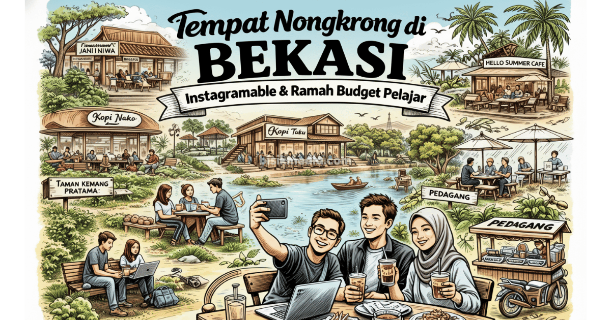 Ilustrasi suasana tempat nongkrong di Bekasi dengan kafe, taman kota, dan anak muda berkumpul menikmati kopi